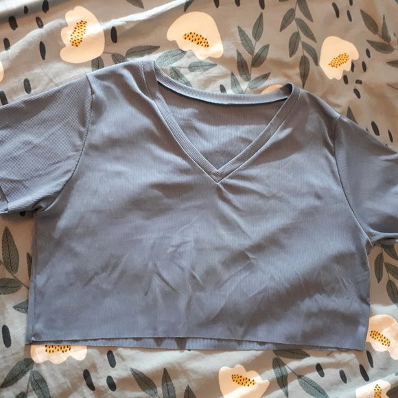 Shein Short Sleeve Cropped Ribbed V-Neck Raw Edge Top - Light Blue - Large - Picture 3 of 4